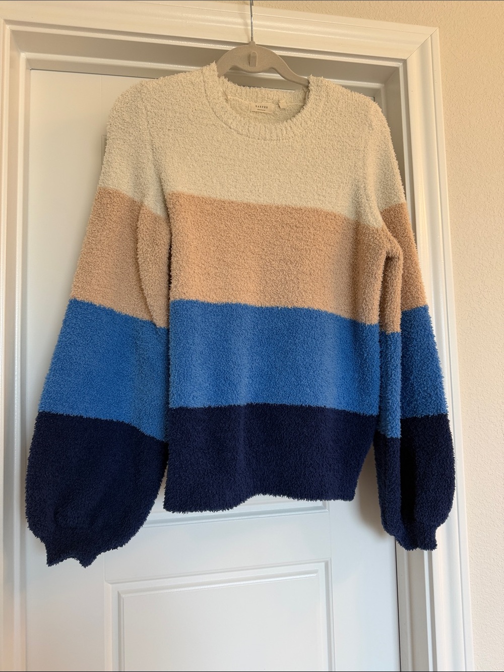 Striped Cozy Crewneck Sweater in Cream, Tan & Blue